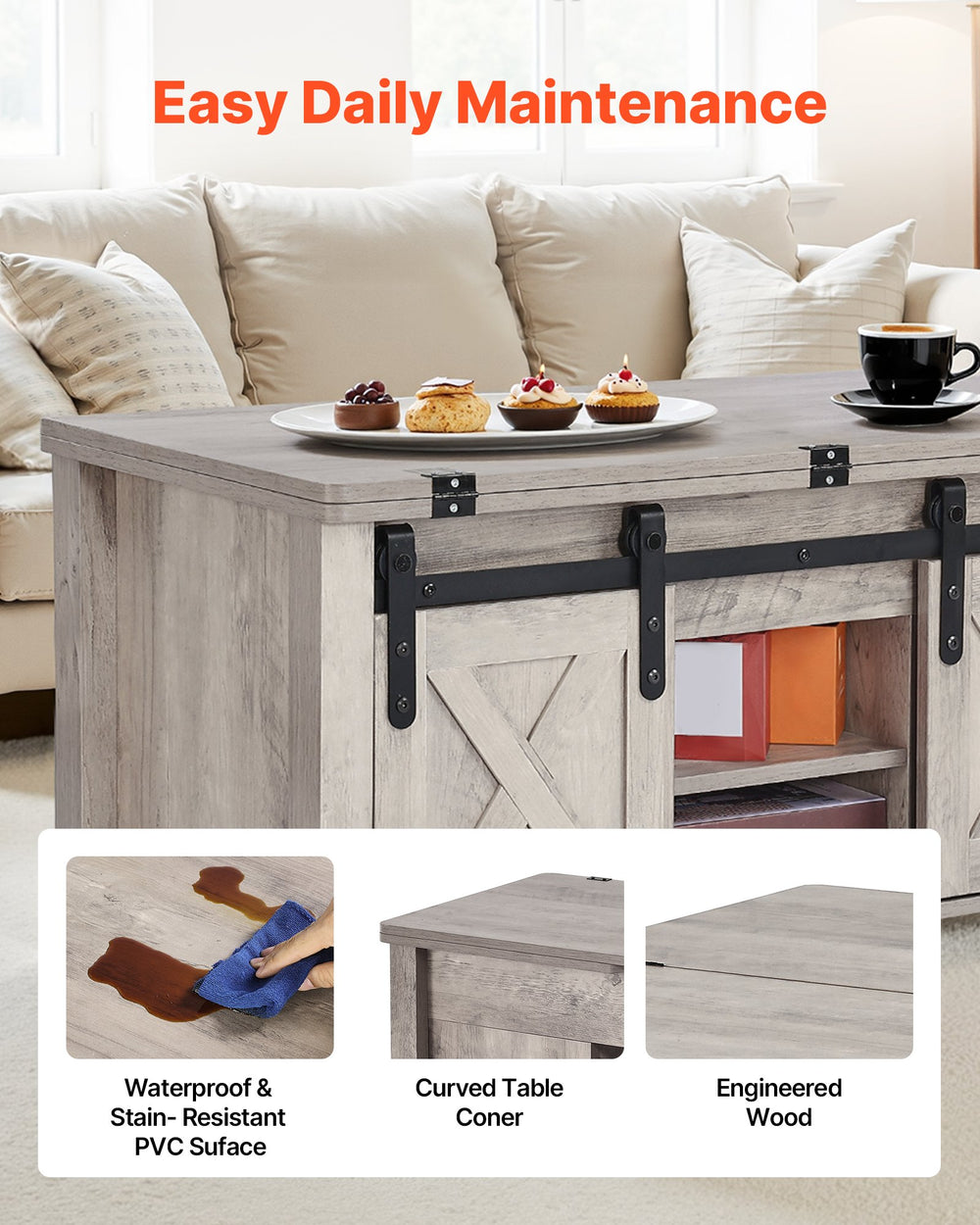 VEVOR 1000 mm Farmhouse Lift Top Coffee Table, Rustic Center Table with Barn Door and Hidden Storage Compartment, Modern Rectangle Lifting Tabletop for Living Room, Office, Home, Easy Assembly, Oak