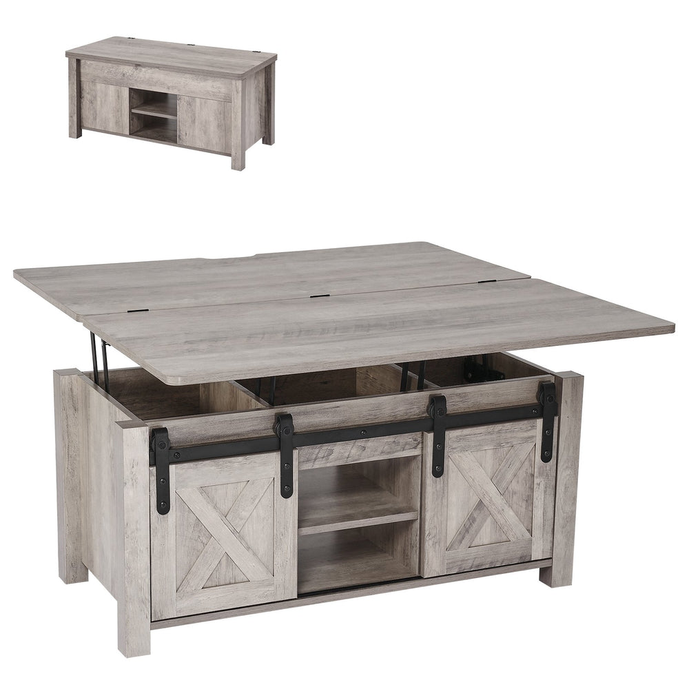 VEVOR 1000 mm Farmhouse Lift Top Coffee Table, Rustic Center Table with Barn Door and Hidden Storage Compartment, Modern Rectangle Lifting Tabletop for Living Room, Office, Home, Easy Assembly, Oak