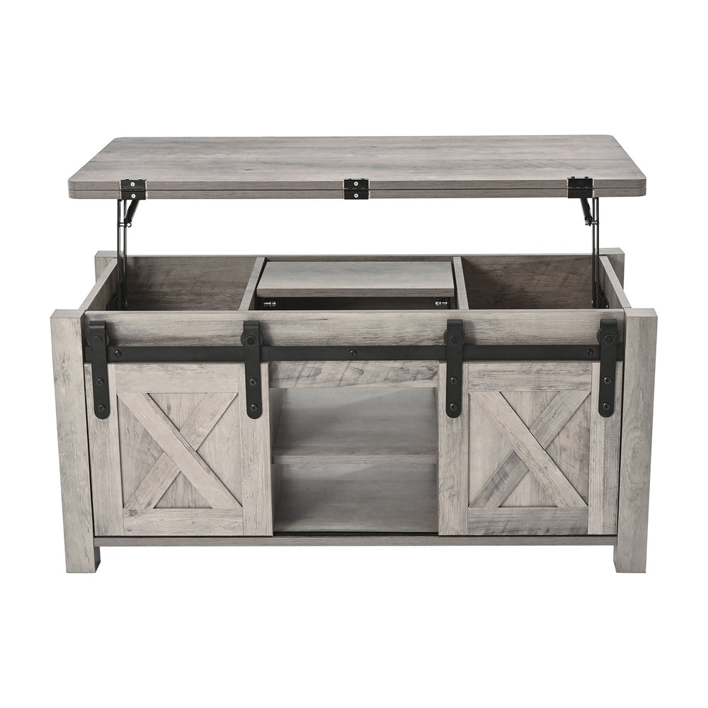 VEVOR 1000 mm Farmhouse Lift Top Coffee Table, Rustic Center Table with Barn Door and Hidden Storage Compartment, Modern Rectangle Lifting Tabletop for Living Room, Office, Home, Easy Assembly, Oak