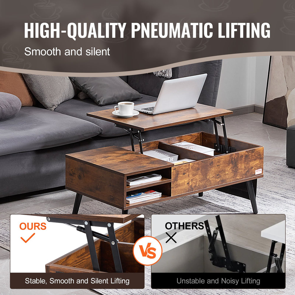 VEVOR Lift Top Coffee Table, 39.4 in Rectangle Coffee Table with Extra Storage Pockets, Pop Up Coffee Table for Living Room, Brown
