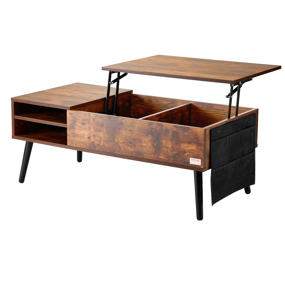 VEVOR Lift Top Coffee Table, 39.4 in Rectangle Coffee Table with Extra Storage Pockets, Pop Up Coffee Table for Living Room, Brown
