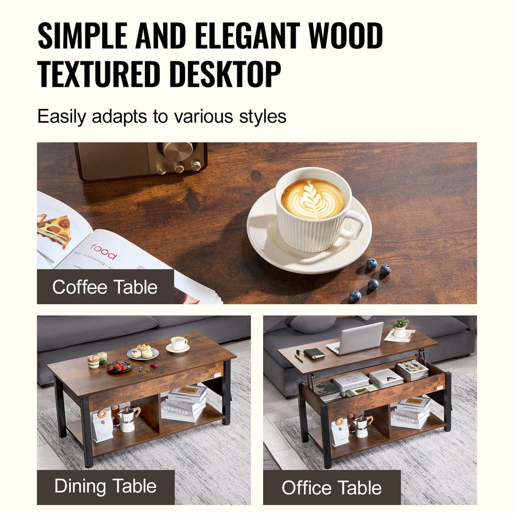 VEVOR Lift Top Coffee Table, 41.7 in Rectangle Coffee Table with Extra Storage Pockets, Pop Up Coffee Table for Living Room, Brown