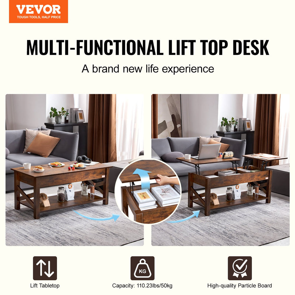 VEVOR Lift Top Coffee Table, 47.5 in Rectangle Coffee Table with Extra Storage Pockets, Pop Up Coffee Table for Living Room, Brown