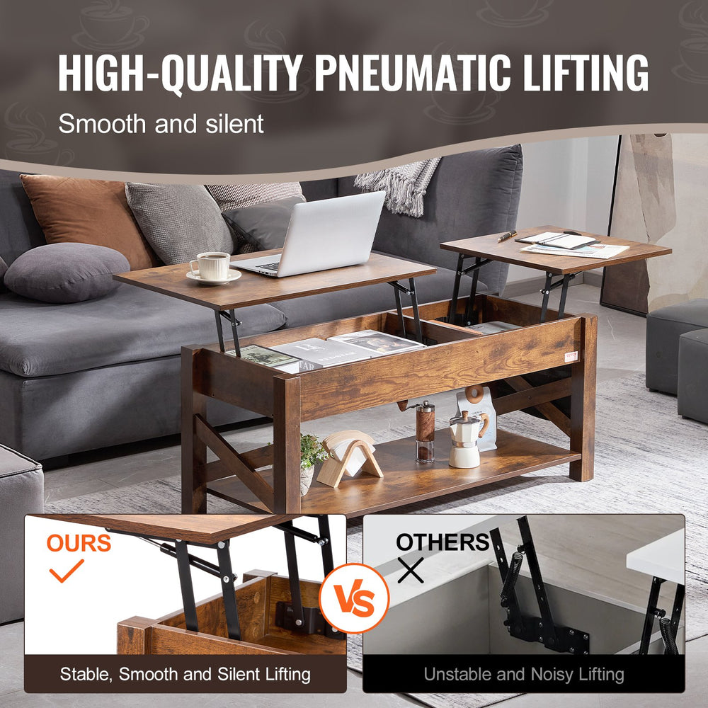 VEVOR Lift Top Coffee Table, 47.5 in Rectangle Coffee Table with Extra Storage Pockets, Pop Up Coffee Table for Living Room, Brown