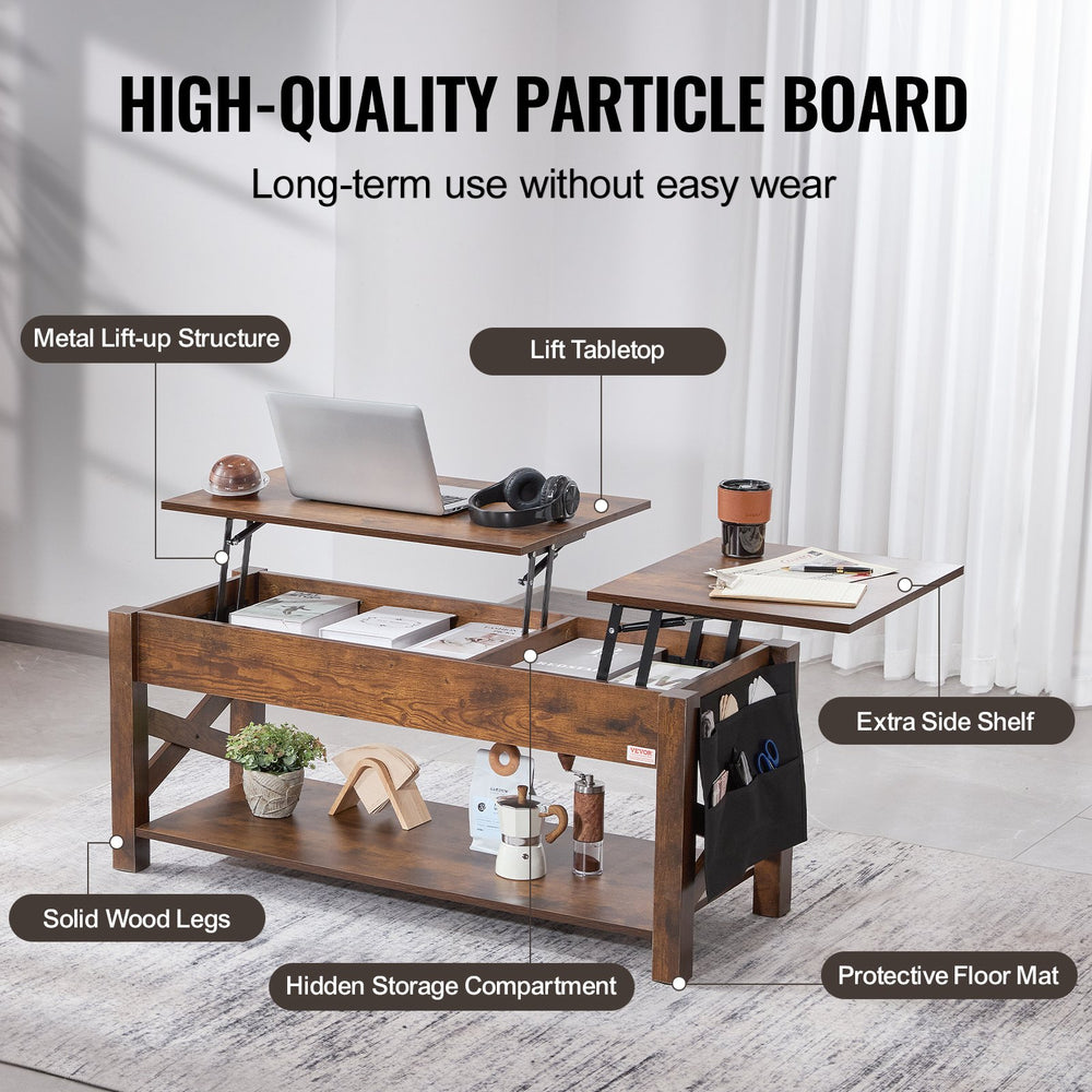 VEVOR Lift Top Coffee Table, 47.5 in Rectangle Coffee Table with Extra Storage Pockets, Pop Up Coffee Table for Living Room, Brown