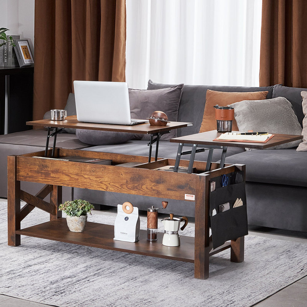 VEVOR Lift Top Coffee Table, 47.5 in Rectangle Coffee Table with Extra Storage Pockets, Pop Up Coffee Table for Living Room, Brown