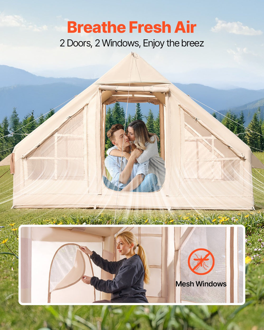 VEVOR Inflatable Tents for Camping, 3-5 Person Easy Setup Blow up Tent with Hand Pump, 300D Oxford 4 Season Glamping Tent with Stove Jack 2 Doors & 2 Mesh Windows, Storage Bag Included for Easy Taking