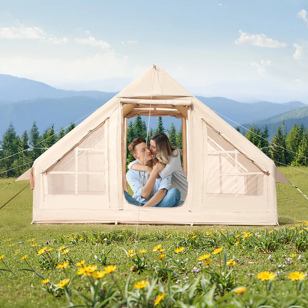 VEVOR Inflatable Tents for Camping, 3-5 Person Easy Setup Blow up Tent with Hand Pump, 300D Oxford 4 Season Glamping Tent with Stove Jack 2 Doors & 2 Mesh Windows, Storage Bag Included for Easy Taking