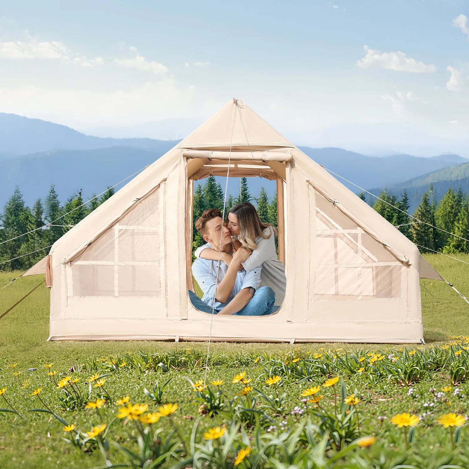 VEVOR Inflatable Tents for Camping, 3-5 Person Easy Setup Blow up Tent with Hand Pump, 300D Oxford 4 Season Glamping Tent with Stove Jack 2 Doors & 2 Mesh Windows, Storage Bag Included for Easy Taking