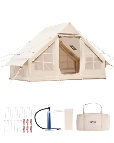 VEVOR Inflatable Tents for Camping, 3-5 Person Easy Setup Blow up Tent with Hand Pump, 300D Oxford 4 Season Glamping Tent with Stove Jack 2 Doors & 2 Mesh Windows, Storage Bag Included for Easy Taking