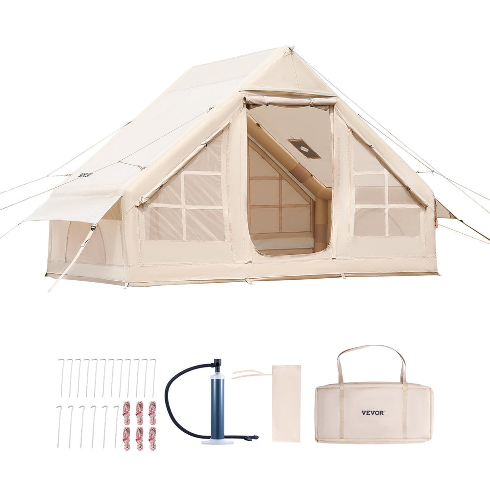 VEVOR Inflatable Tents for Camping, 3-5 Person Easy Setup Blow up Tent with Hand Pump, 300D Oxford 4 Season Glamping Tent with Stove Jack 2 Doors & 2 Mesh Windows, Storage Bag Included for Easy Taking