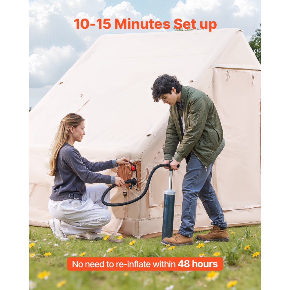 VEVOR Inflatable Tents for Camping, 3-5 Person Easy Setup Blow up Tent with Hand Pump, 300D Oxford 4 Season Glamping Tent with Canopy, Stove Jack, 2 Doors & 2 Mesh Windows (Storage Bag Included)