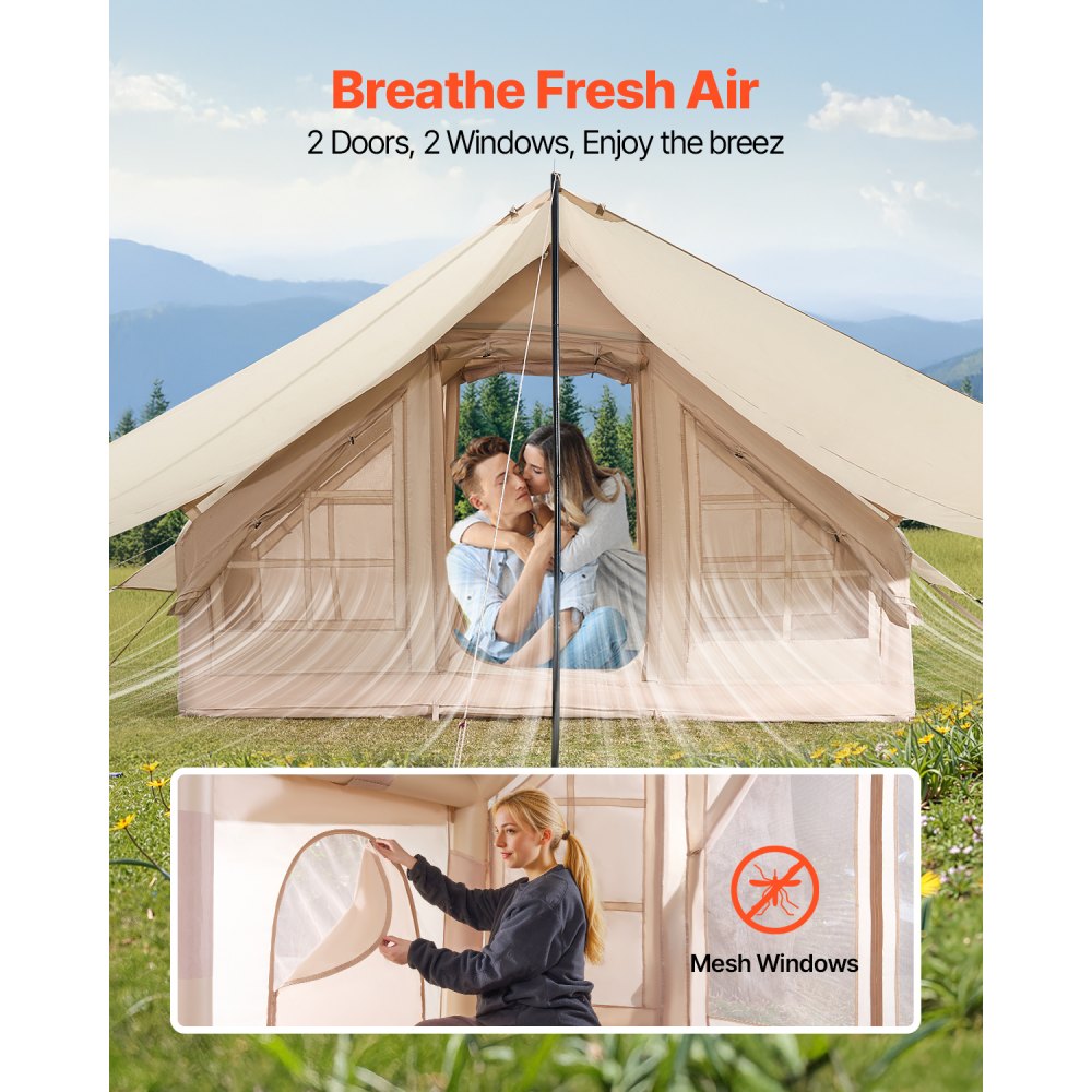 VEVOR Inflatable Tents for Camping, 3-5 Person Easy Setup Blow up Tent with Hand Pump, 300D Oxford 4 Season Glamping Tent with Canopy, Stove Jack, 2 Doors & 2 Mesh Windows (Storage Bag Included)