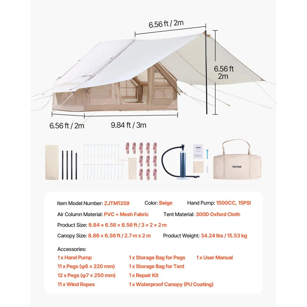 VEVOR Inflatable Tents for Camping, 3-5 Person Easy Setup Blow up Tent with Hand Pump, 300D Oxford 4 Season Glamping Tent with Canopy, Stove Jack, 2 Doors & 2 Mesh Windows (Storage Bag Included)