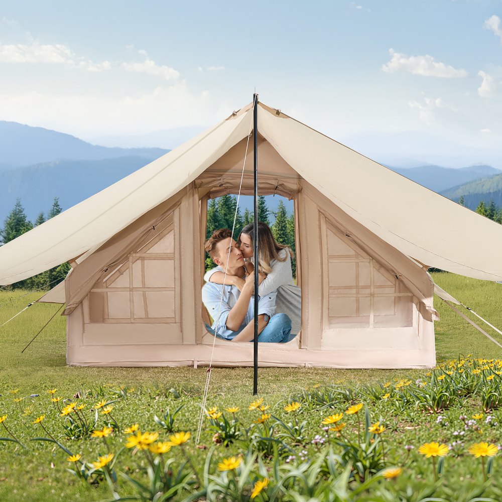 VEVOR Inflatable Tents for Camping, 3-5 Person Easy Setup Blow up Tent with Hand Pump, 300D Oxford 4 Season Glamping Tent with Canopy, Stove Jack, 2 Doors & 2 Mesh Windows (Storage Bag Included)