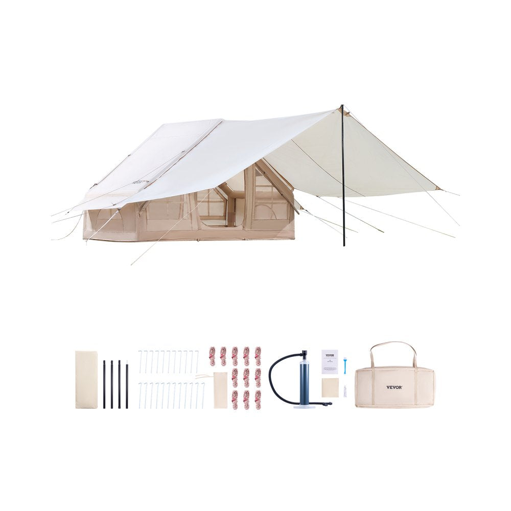 VEVOR Inflatable Tents for Camping, 3-5 Person Easy Setup Blow up Tent with Hand Pump, 300D Oxford 4 Season Glamping Tent with Canopy, Stove Jack, 2 Doors & 2 Mesh Windows (Storage Bag Included)