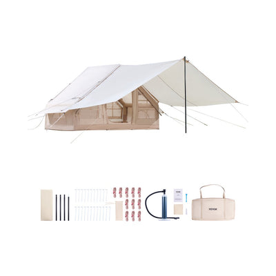 VEVOR Inflatable Tents for Camping, 3-5 Person Easy Setup Blow up Tent with Hand Pump, 300D Oxford 4 Season Glamping Tent with Canopy, Stove Jack, 2 Doors & 2 Mesh Windows (Storage Bag Included)