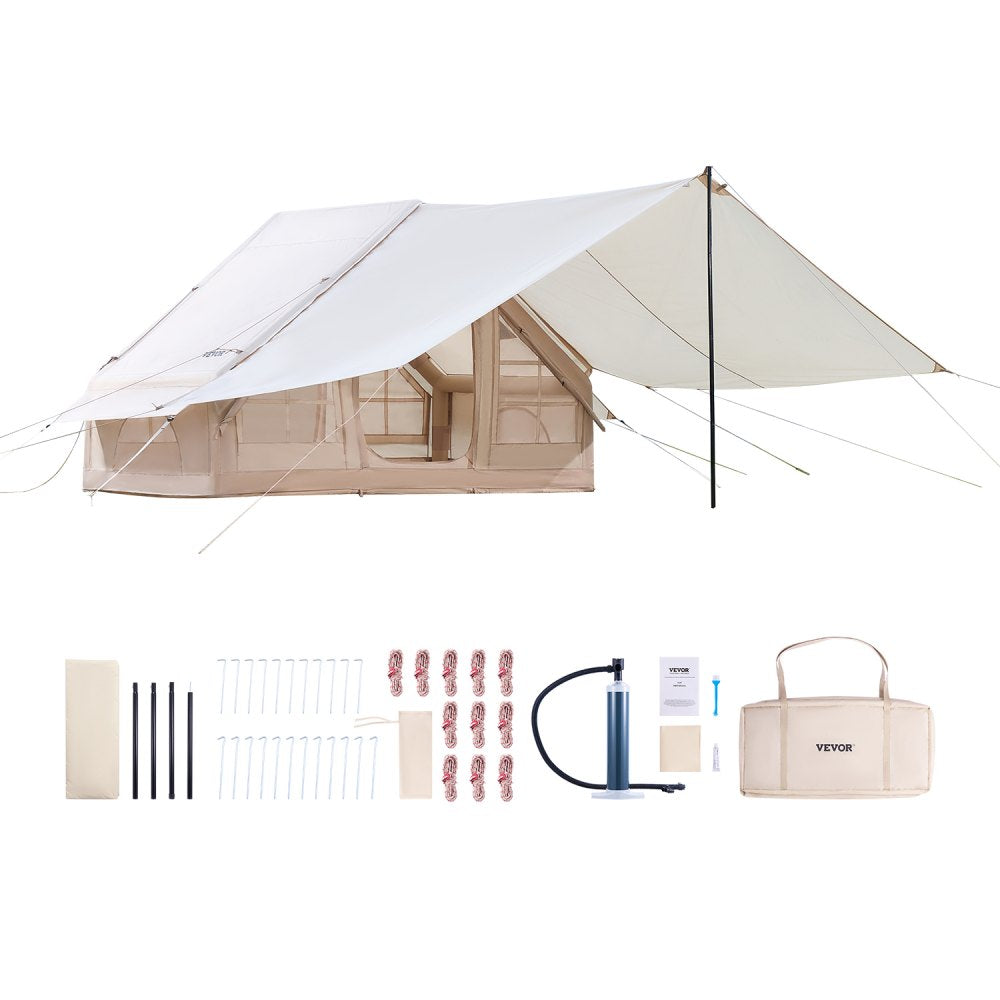 VEVOR Inflatable Tents for Camping, 3-5 Person Easy Setup Blow up Tent with Hand Pump, 300D Oxford 4 Season Glamping Tent with Canopy, Stove Jack, 2 Doors & 2 Mesh Windows (Storage Bag Included)