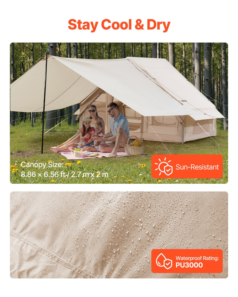 VEVOR Inflatable Tents for Camping, 3-5 Person Easy Setup Blow up Tent with Hand Pump, 300D Oxford 4 Season Glamping Tent with Canopy, Stove Jack, 2 Doors & 2 Mesh Windows (Storage Bag Included)