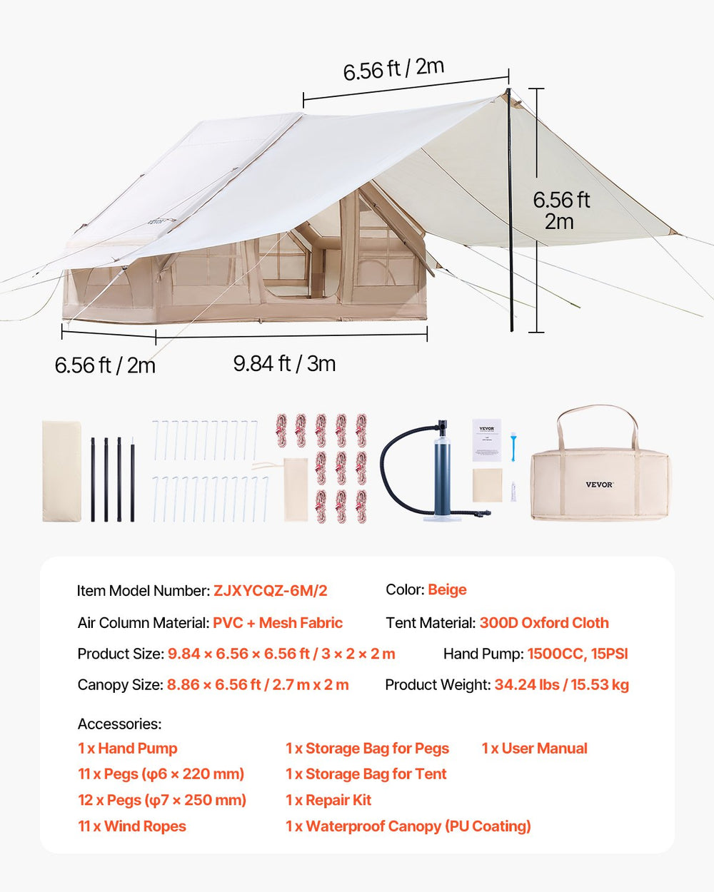 VEVOR Inflatable Tents for Camping, 3-5 Person Easy Setup Blow up Tent with Hand Pump, 300D Oxford 4 Season Glamping Tent with Canopy, Stove Jack, 2 Doors & 2 Mesh Windows (Storage Bag Included)