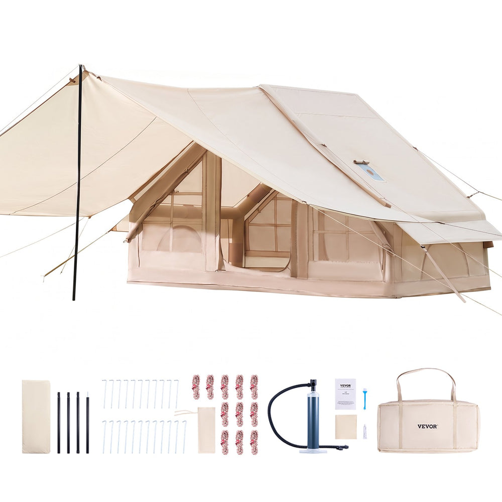 VEVOR Inflatable Tents for Camping, 3-5 Person Easy Setup Blow up Tent with Hand Pump, 300D Oxford 4 Season Glamping Tent with Canopy, Stove Jack, 2 Doors & 2 Mesh Windows (Storage Bag Included)