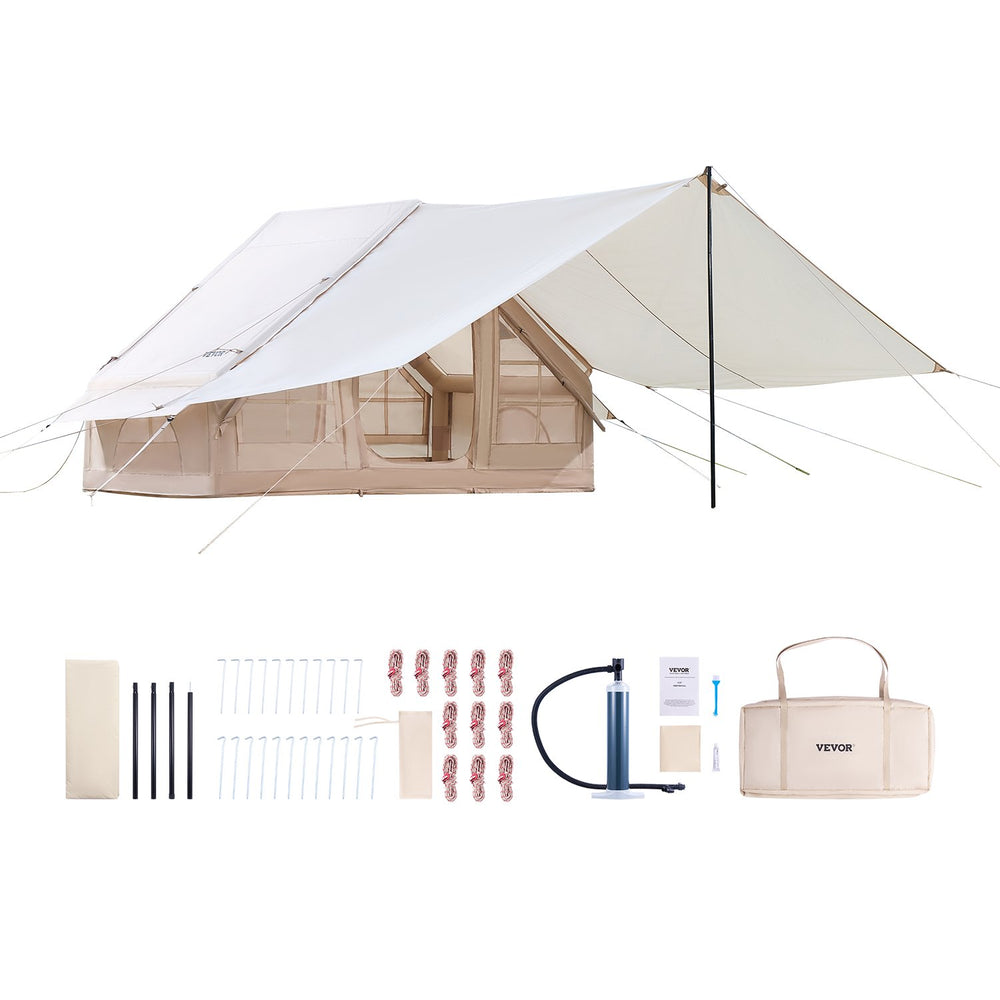 VEVOR Inflatable Tents for Camping, 3-5 Person Easy Setup Blow up Tent with Hand Pump, 300D Oxford 4 Season Glamping Tent with Canopy, Stove Jack, 2 Doors & 2 Mesh Windows (Storage Bag Included)