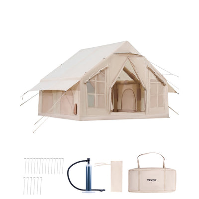 VEVOR Inflatable Tents for Camping, 4-6 Person Easy Setup Blow up Tent with Hand Pump, 300D Oxford 4 Season Glamping Tent with Stove Jack 2 Doors & 4 Mesh Windows, Storage Bag Included for Easy Taking