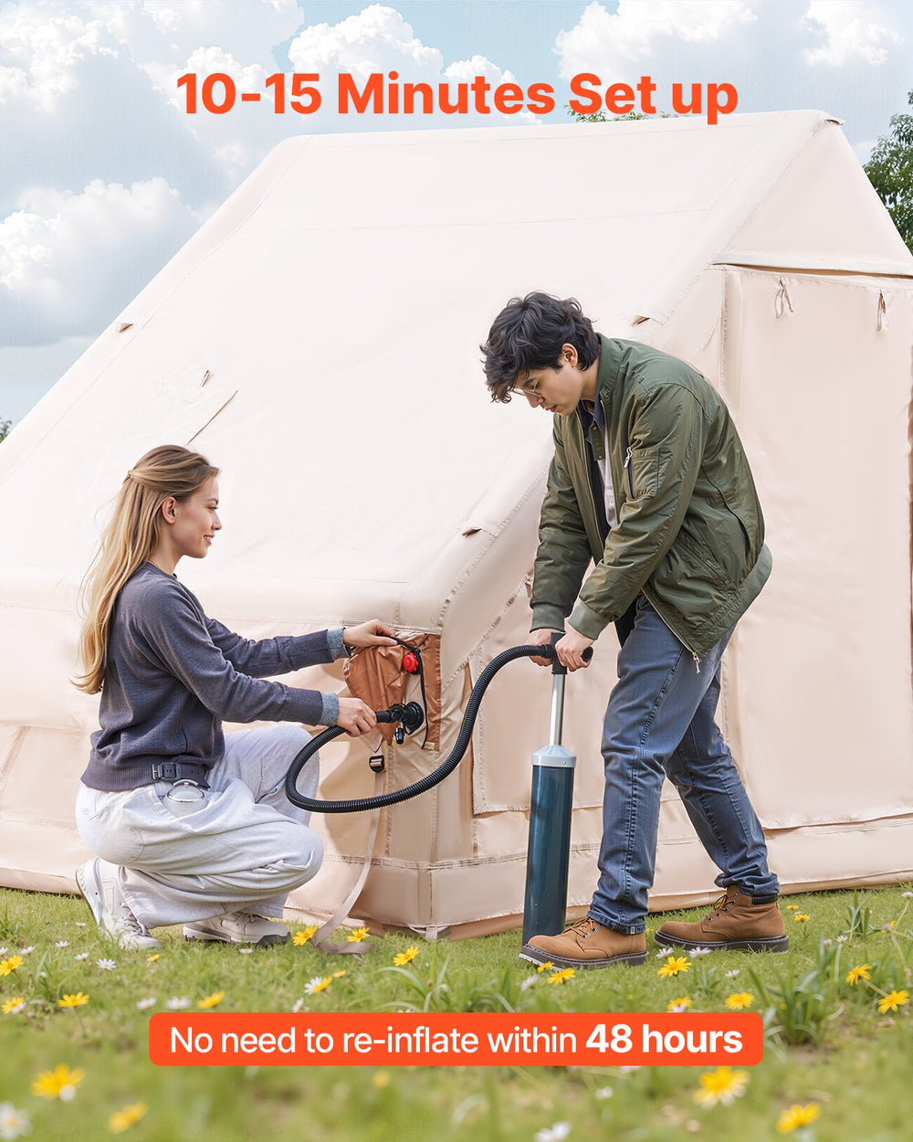 VEVOR Inflatable Tents for Camping, 4-6 Person Easy Setup Blow up Tent with Hand Pump, 300D Oxford 4 Season Glamping Tent with Stove Jack 2 Doors & 4 Mesh Windows, Storage Bag Included for Easy Taking