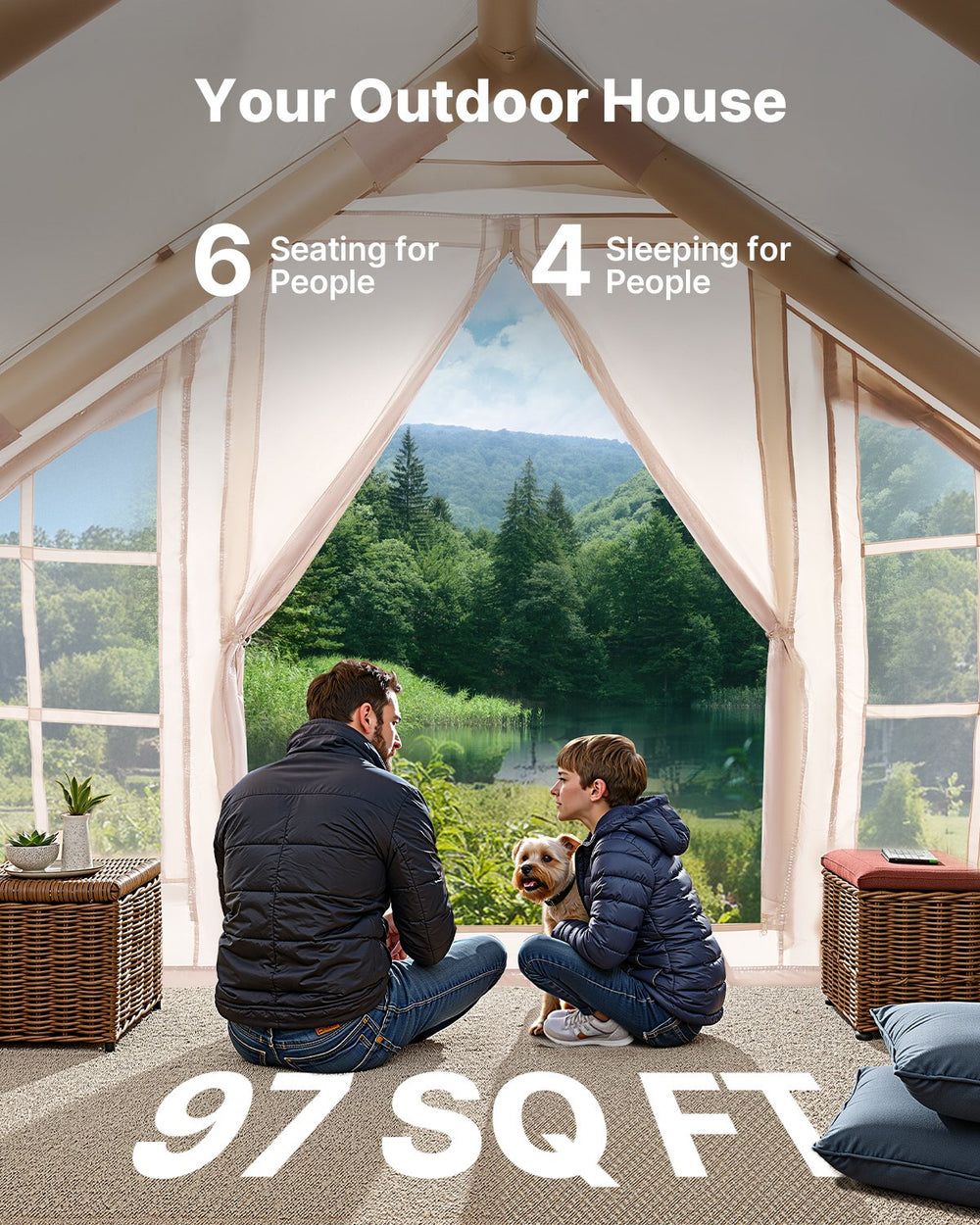 VEVOR Inflatable Tents for Camping, 4-6 Person Easy Setup Blow up Tent with Hand Pump, 300D Oxford 4 Season Glamping Tent with Stove Jack 2 Doors & 4 Mesh Windows, Storage Bag Included for Easy Taking