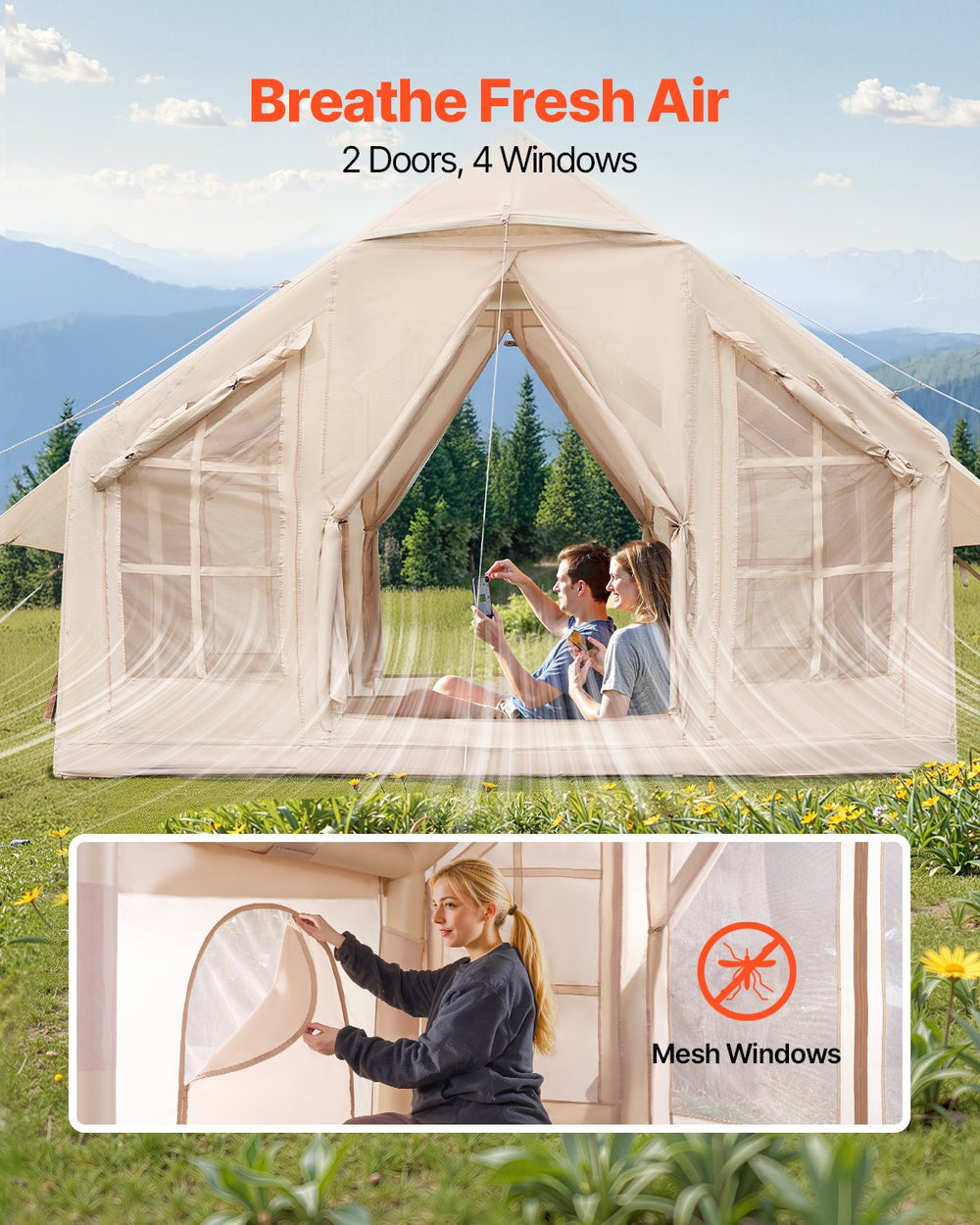 VEVOR Inflatable Tents for Camping, 4-6 Person Easy Setup Blow up Tent with Hand Pump, 300D Oxford 4 Season Glamping Tent with Stove Jack 2 Doors & 4 Mesh Windows, Storage Bag Included for Easy Taking