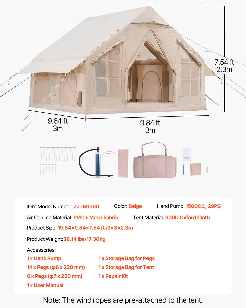VEVOR Inflatable Tents for Camping, 4-6 Person Easy Setup Blow up Tent with Hand Pump, 300D Oxford 4 Season Glamping Tent with Stove Jack 2 Doors & 4 Mesh Windows, Storage Bag Included for Easy Taking