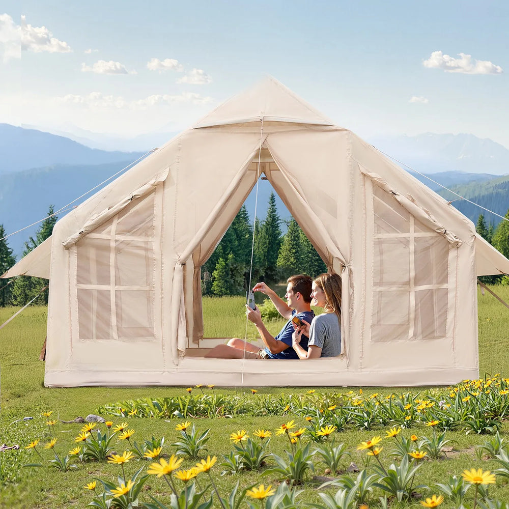 VEVOR Inflatable Tents for Camping, 4-6 Person Easy Setup Blow up Tent with Hand Pump, 300D Oxford 4 Season Glamping Tent with Stove Jack 2 Doors & 4 Mesh Windows, Storage Bag Included for Easy Taking