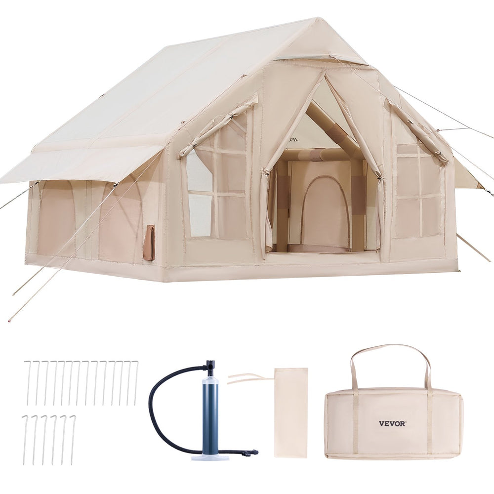 VEVOR Inflatable Tents for Camping, 4-6 Person Easy Setup Blow up Tent with Hand Pump, 300D Oxford 4 Season Glamping Tent with Stove Jack 2 Doors & 4 Mesh Windows, Storage Bag Included for Easy Taking