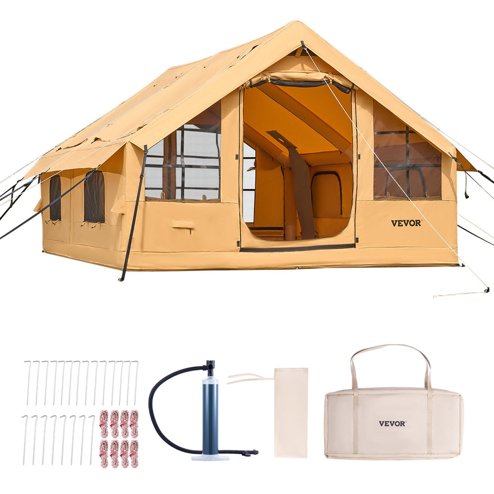 VEVOR Inflatable Tents for Camping, 5-8 Person Easy Setup Blow up Tent with Hand Pump, Luxury Glamping Tent with 2 Skylights, Canopy, Stove Jack 2 Doors & Mesh Windows (Storage Bag Included)