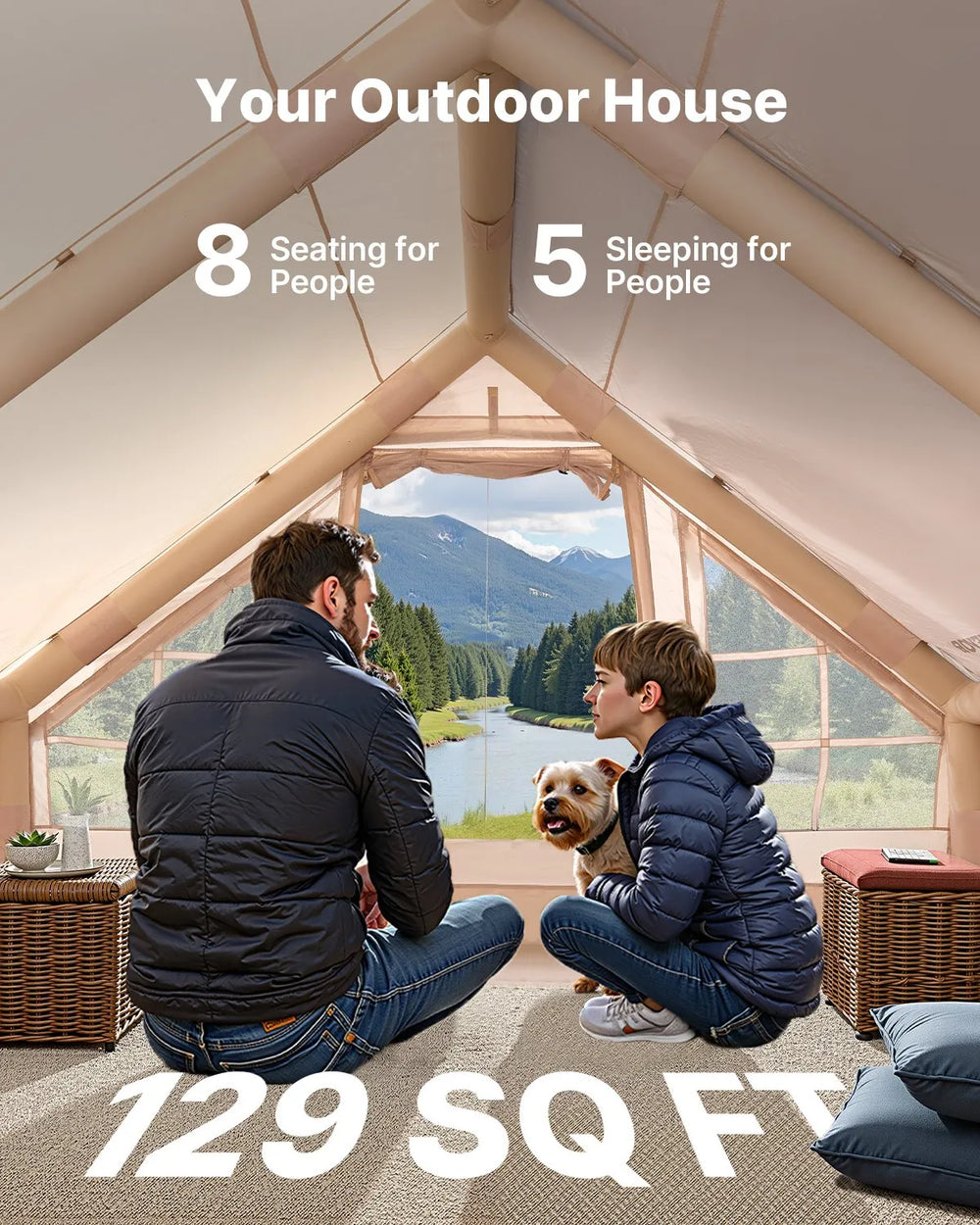 VEVOR Inflatable Tents for Camping, 5-8 Person Easy Setup Blow up Tent with Hand Pump, 300D Oxford Glamping Tent with Stove Jack 2 Doors & 4 Mesh Windows, Storage Bag Included for Easy Taking