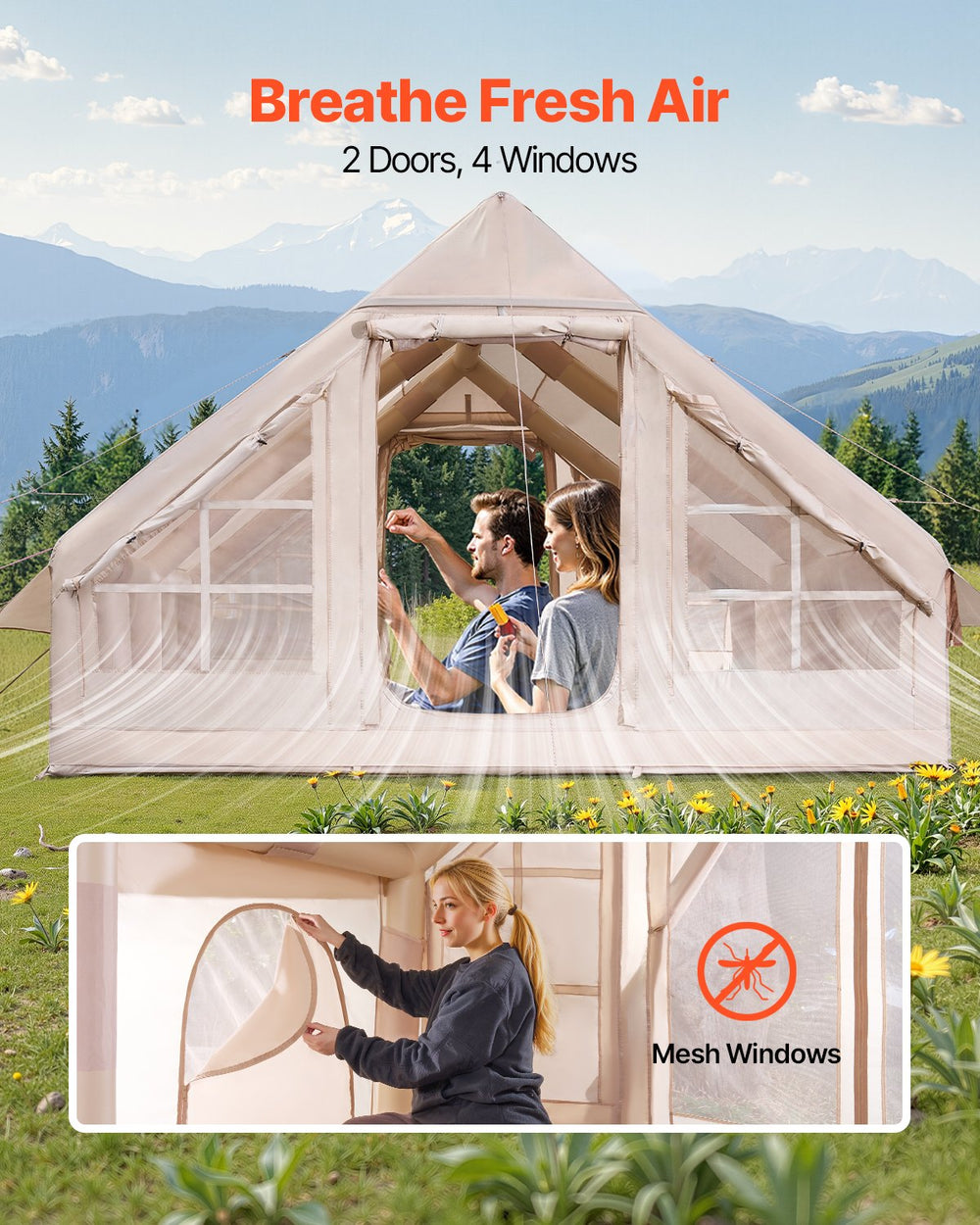 VEVOR Inflatable Tents for Camping, 5-8 Person Easy Setup Blow up Tent with Hand Pump, 300D Oxford Glamping Tent with Stove Jack 2 Doors & 4 Mesh Windows, Storage Bag Included for Easy Taking