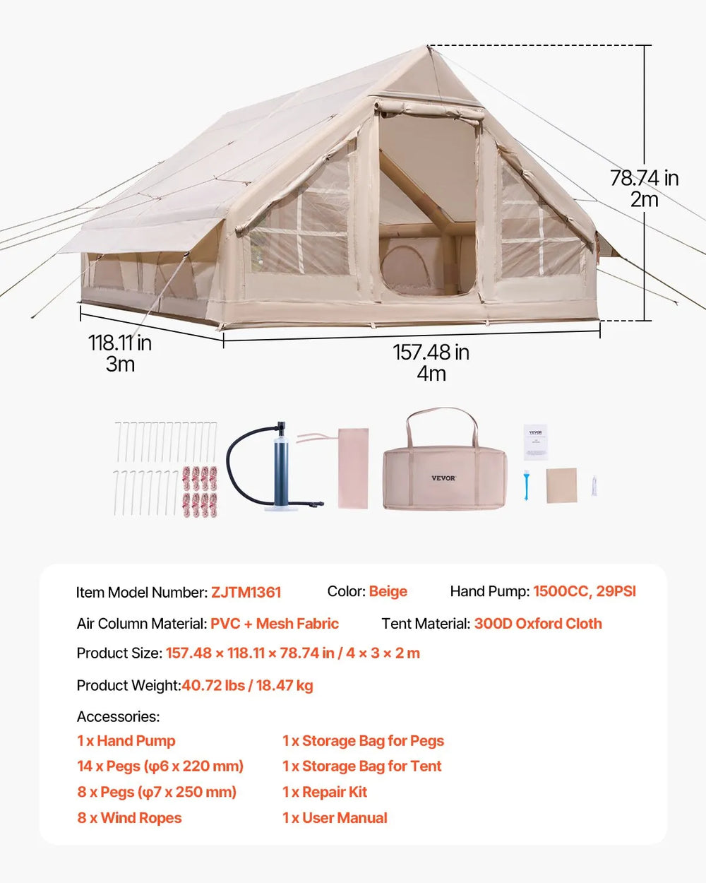 VEVOR Inflatable Tents for Camping, 5-8 Person Easy Setup Blow up Tent with Hand Pump, 300D Oxford Glamping Tent with Stove Jack 2 Doors & 4 Mesh Windows, Storage Bag Included for Easy Taking