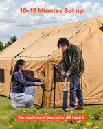 VEVOR Inflatable Tents for Camping, 8-12 Person Easy Setup Blow up Tent with Hand Pump, 4 Season Luxury Glamping Tent with 2 Skylights, Canopy, Stove Jack, 2 Doors & Mesh Windows (Include Storage Bag)