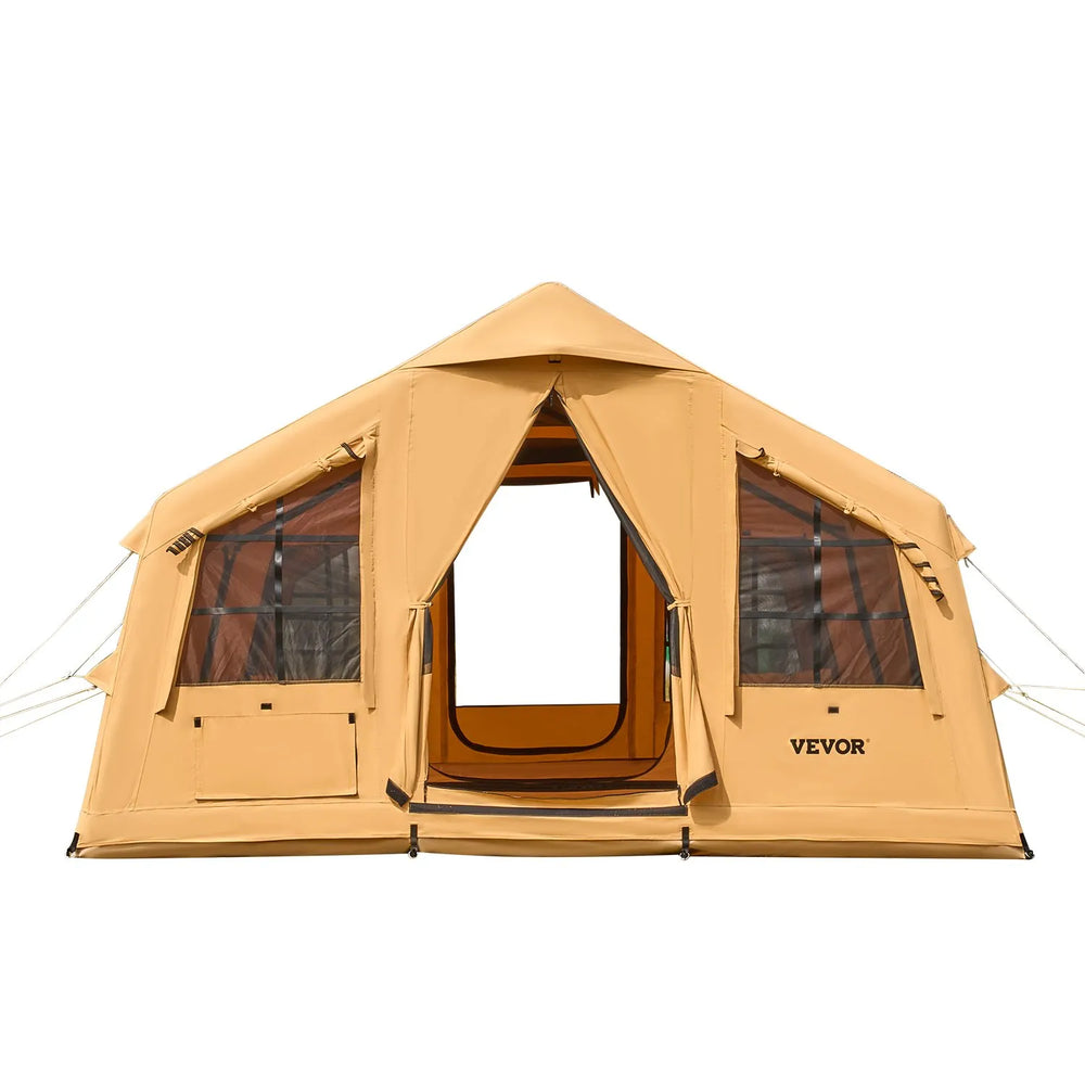 VEVOR Inflatable Tents for Camping, 8-12 Person Easy Setup Blow up Tent with Hand Pump, 4 Season Luxury Glamping Tent with 2 Skylights, Canopy, Stove Jack, 2 Doors & Mesh Windows (Include Storage Bag)