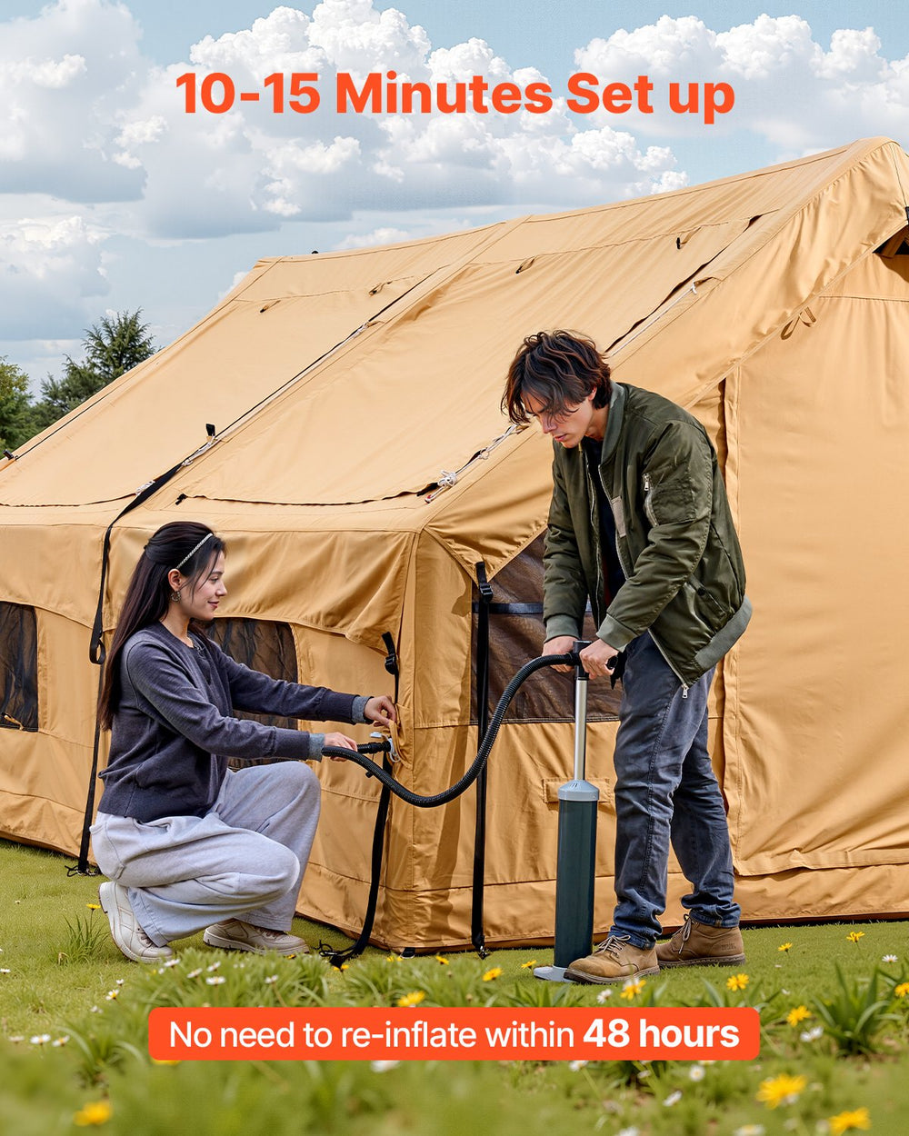 VEVOR Inflatable Tents for Camping, 8-12 Person Easy Setup Blow up Tent with Hand Pump, 4 Season Luxury Glamping Tent with 2 Skylights, Canopy, Stove Jack, 2 Doors & Mesh Windows (Include Storage Bag)