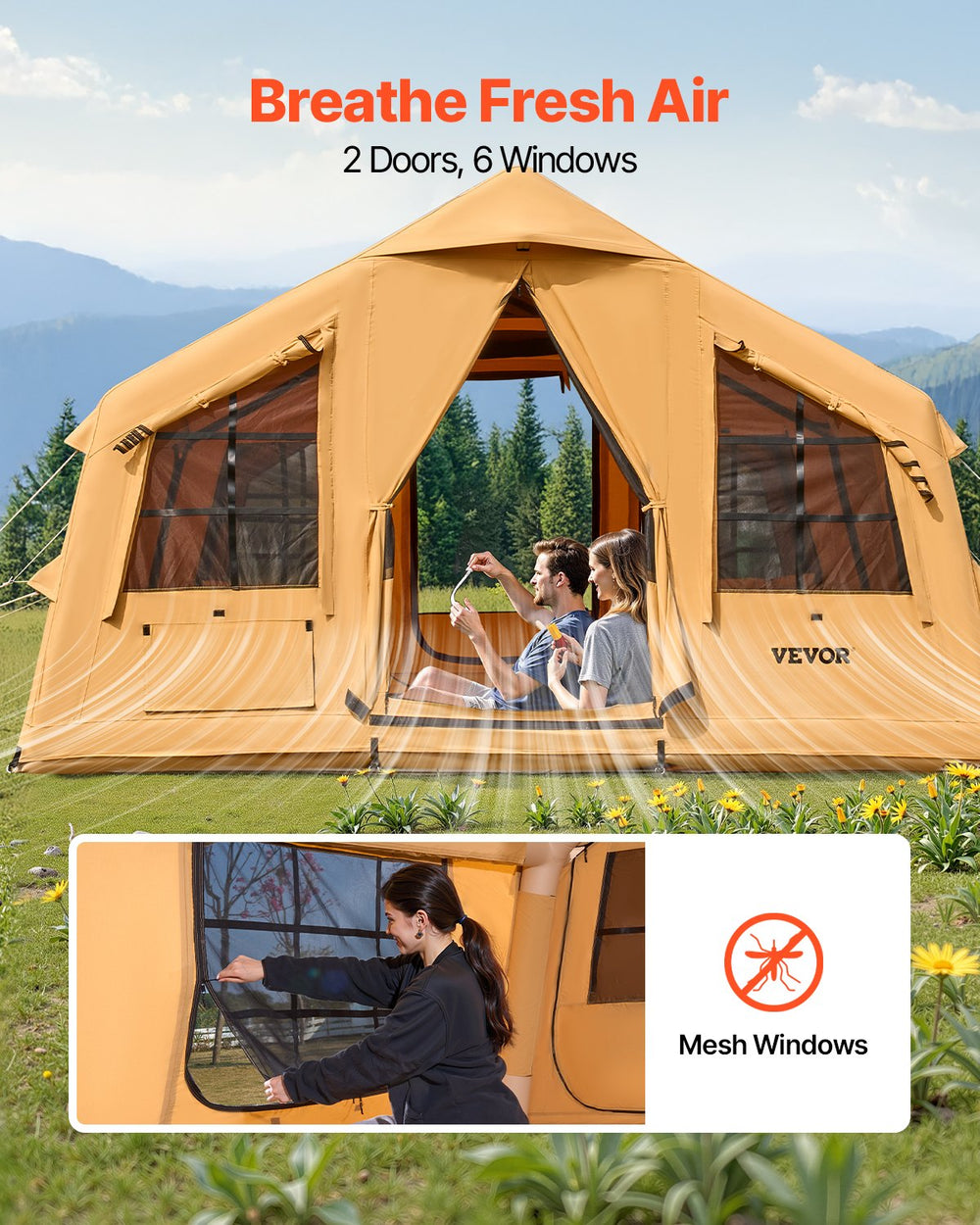 VEVOR Inflatable Tents for Camping, 8-12 Person Easy Setup Blow up Tent with Hand Pump, 4 Season Luxury Glamping Tent with 2 Skylights, Canopy, Stove Jack, 2 Doors & Mesh Windows (Include Storage Bag)