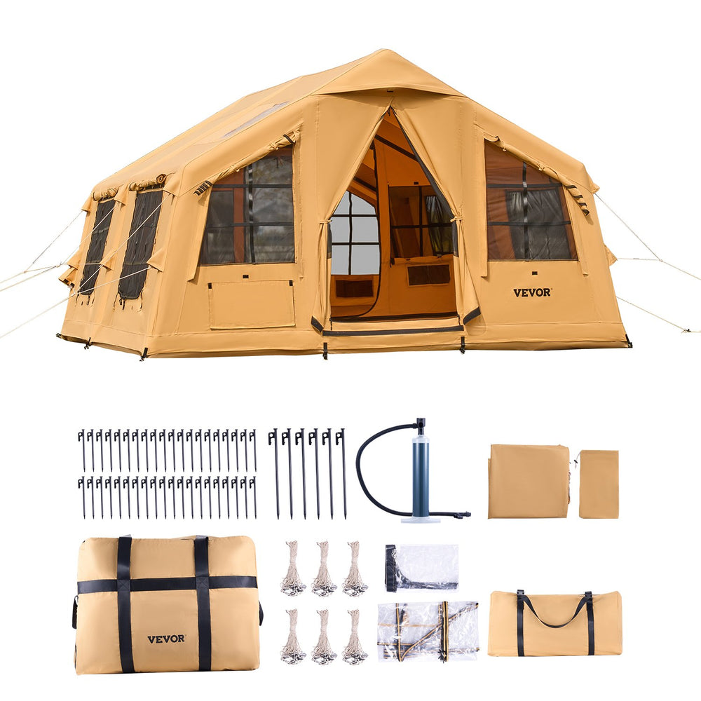 VEVOR Inflatable Tents for Camping, 8-12 Person Easy Setup Blow up Tent with Hand Pump, 4 Season Luxury Glamping Tent with 2 Skylights, Canopy, Stove Jack, 2 Doors & Mesh Windows (Include Storage Bag)