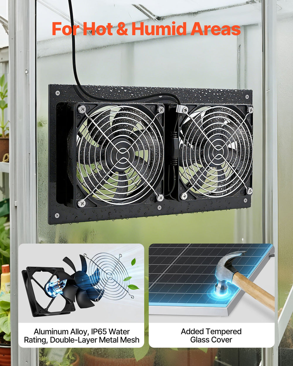 VEVOR Solar Powered Fan, 15W Solar Panel with 2 Fans, Adjustable Solar Panel Angle, 2668 RPM High-Speed, Flexible Installation, Fast Air Exchange for Greenhouse, Grow Tents, Chicken Coops, Shelters
