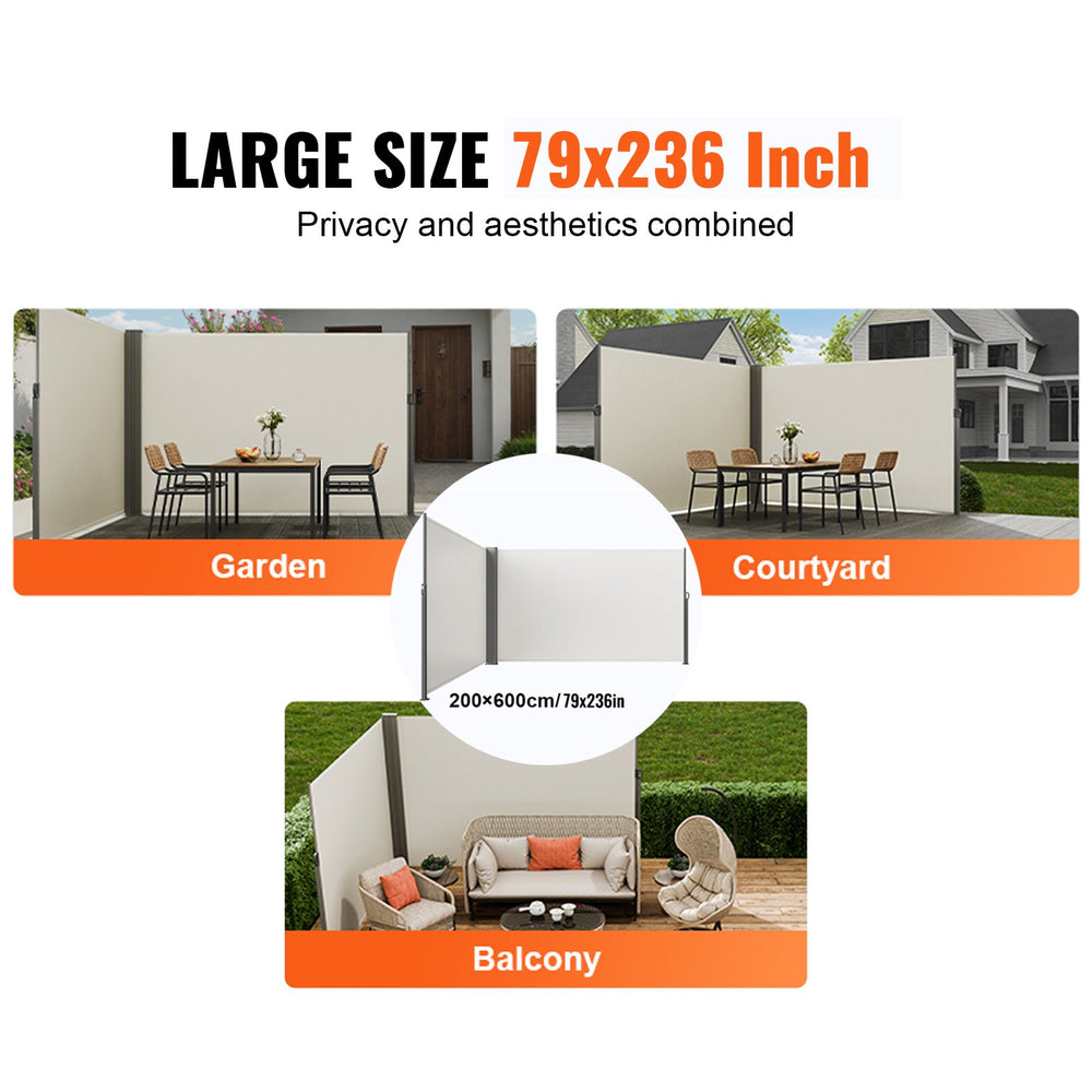 VEVOR Retractable Side Awning, 79''x 236'' Outdoor Privacy Screen, 180g Polyester Water-proof Retractable Patio Screen, UV 30+ Room Divider Wind Screen for Patio, Backyard, Balcony, Beige