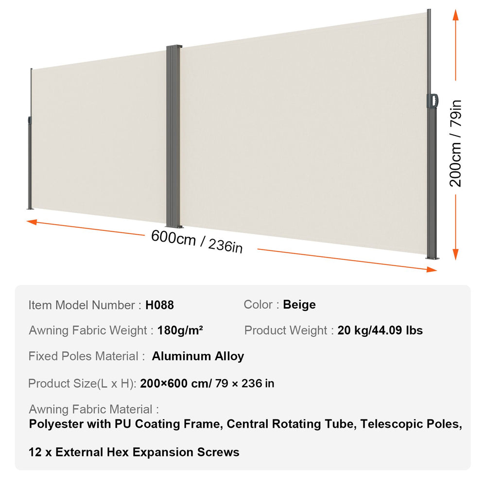 VEVOR Retractable Side Awning, 79''x 236'' Outdoor Privacy Screen, 180g Polyester Water-proof Retractable Patio Screen, UV 30+ Room Divider Wind Screen for Patio, Backyard, Balcony, Beige