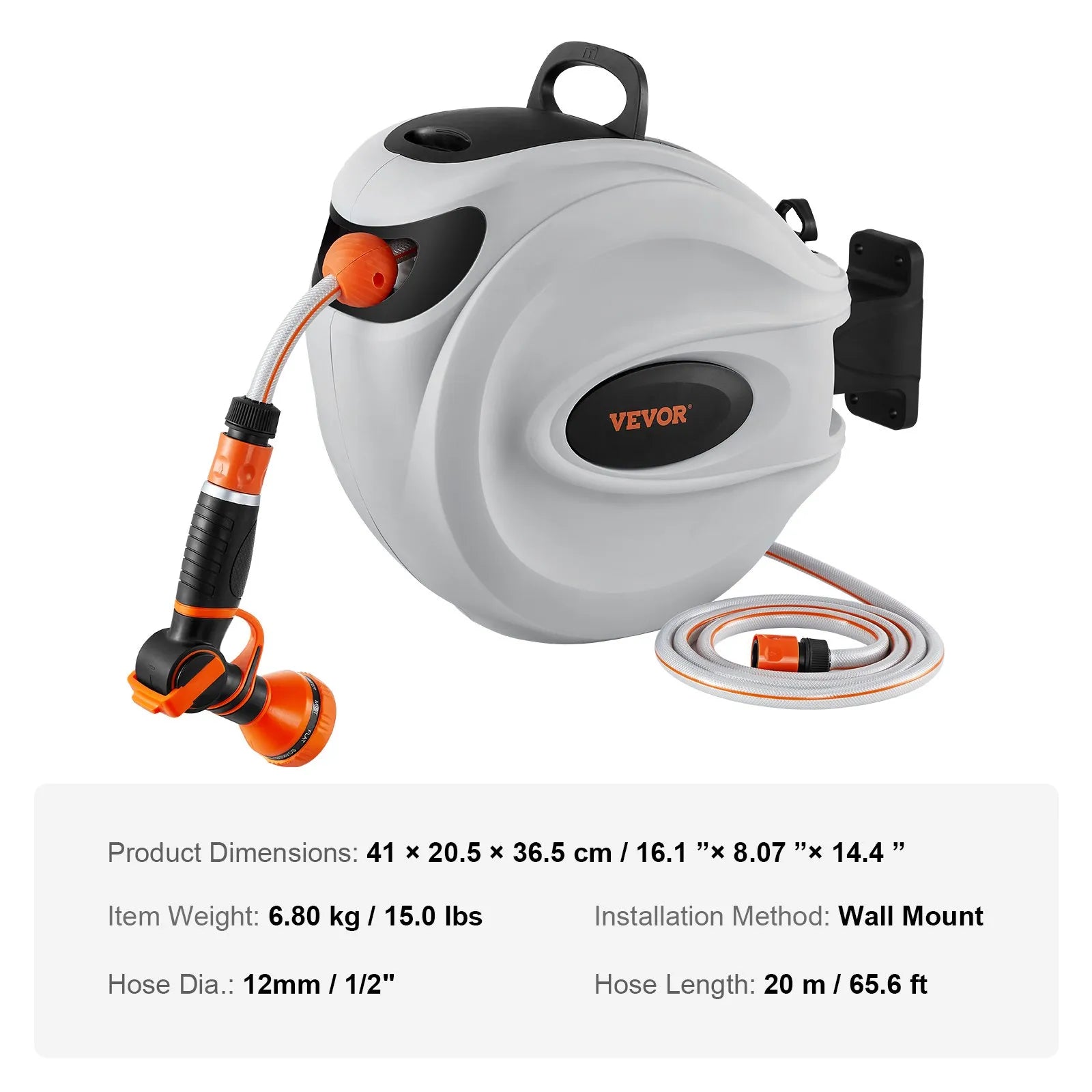 VEVOR Retractable Hose Reel Water Hose Reel 20m x 1.3cm 180° Swivel Wall-Mounted