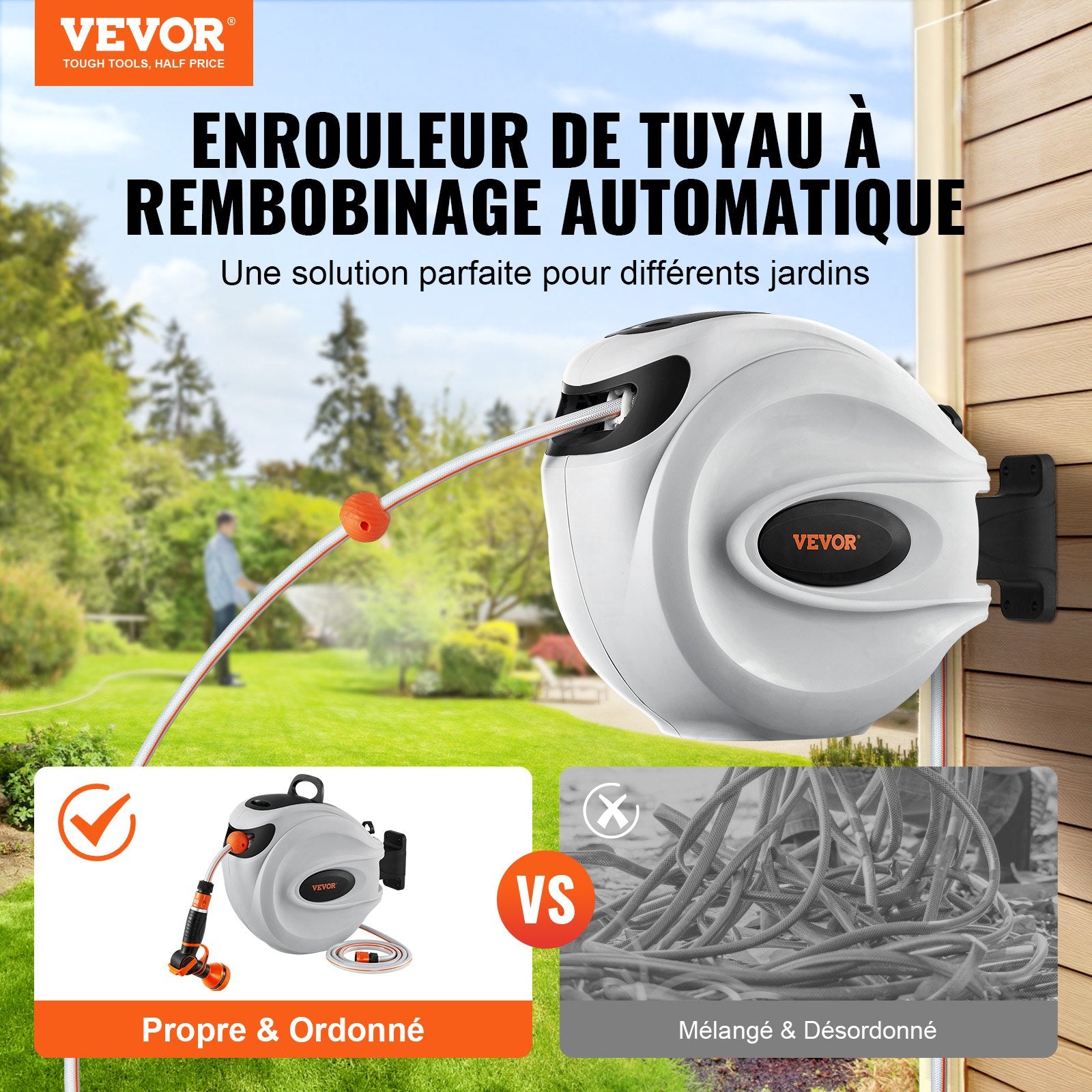 VEVOR Retractable Hose Reel Water Hose Reel 25m x 1.3cm 180° Swivel Wall-Mounted