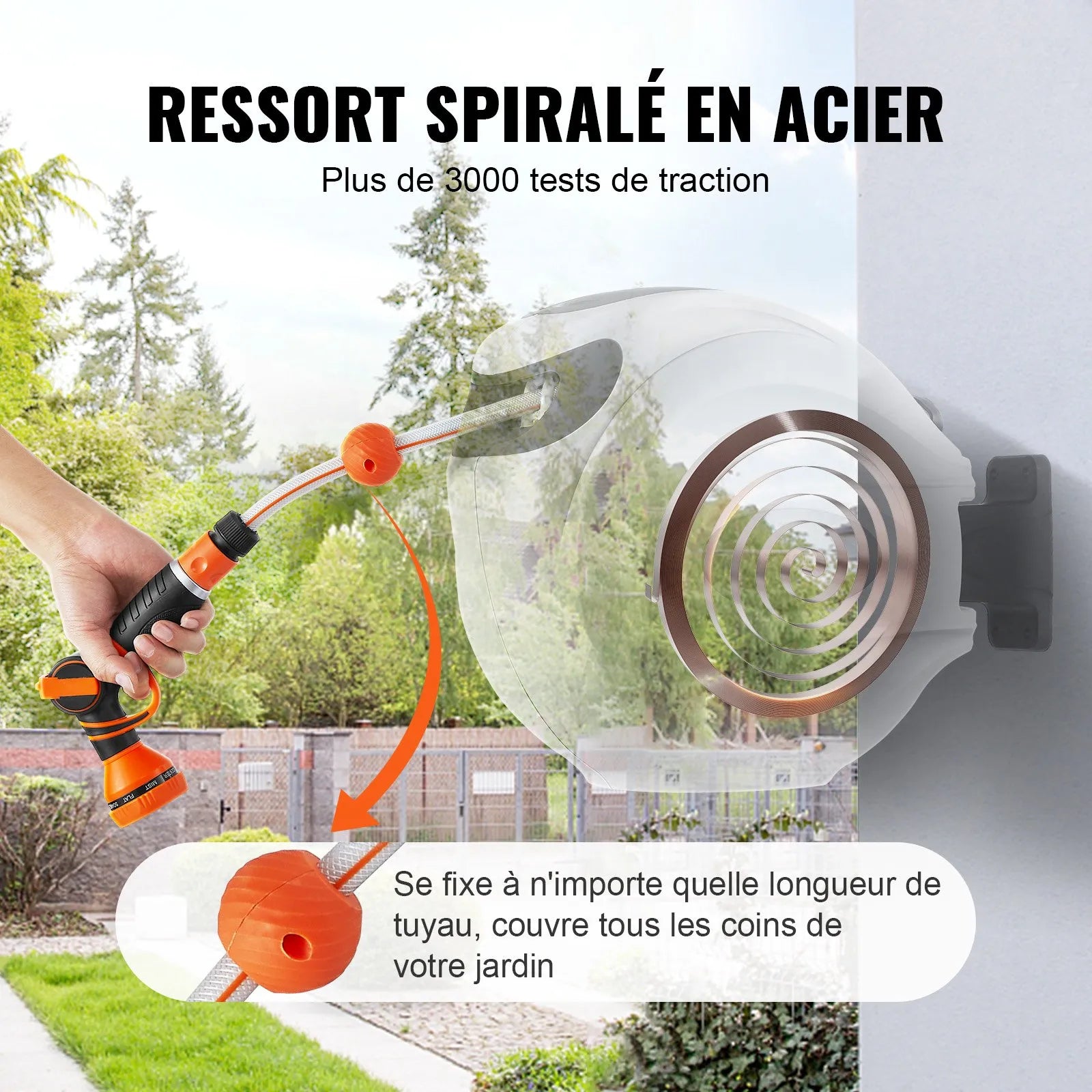 VEVOR Retractable Hose Reel Water Hose Reel 25m x 1.3cm 180° Swivel Wall-Mounted