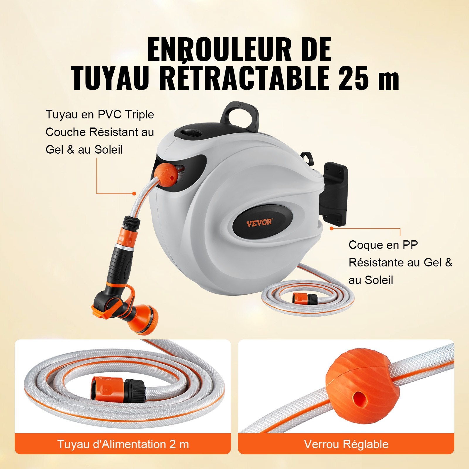 VEVOR Retractable Hose Reel Water Hose Reel 25m x 1.3cm 180° Swivel Wall-Mounted