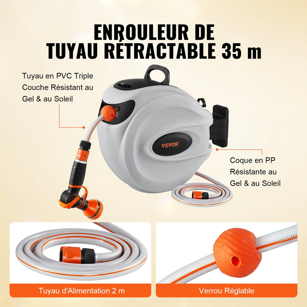 VEVOR Retractable Hose Reel Water Hose Reel 35m x 1.3cm 180° Swivel Wall-Mounted